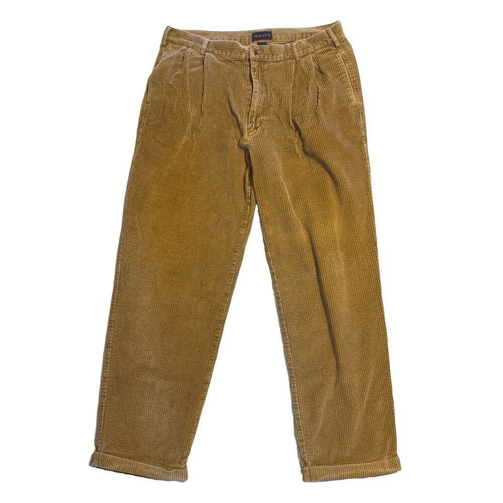 Vtg GANT Pleated Corduroy Pants Mens 38x32 Tan Brown Wide Wale Cuffed Preppy 90s